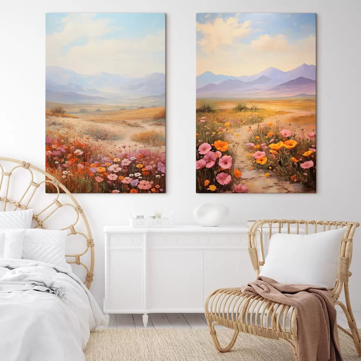 Fototapete Landschaft, ein Feld voller bunter Blumen mit Bergen im Hintergrund, sanfte Pastellfarben m01003