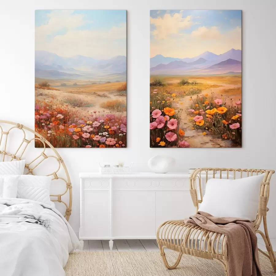 Fototapete Landschaft, ein Feld voller bunter Blumen mit Bergen im Hintergrund, sanfte Pastellfarben m01003