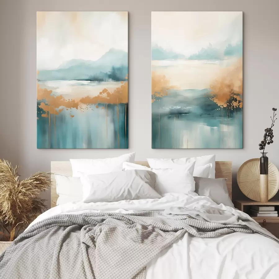 Fototapete Abstrakte Landschaft mit Bergen und See in Blaugrün und strukturiertem Gelb, weiche Pinselstriche, minimalistisches Kunstwerk m01012