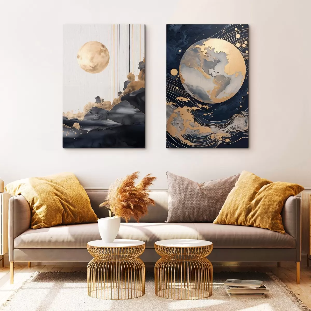 Fototapete Strukturierter dekorativer Planet im Weltraum mit gelben Linien und Punkten, abstrakter Stil, minimalistisch und modern m01014