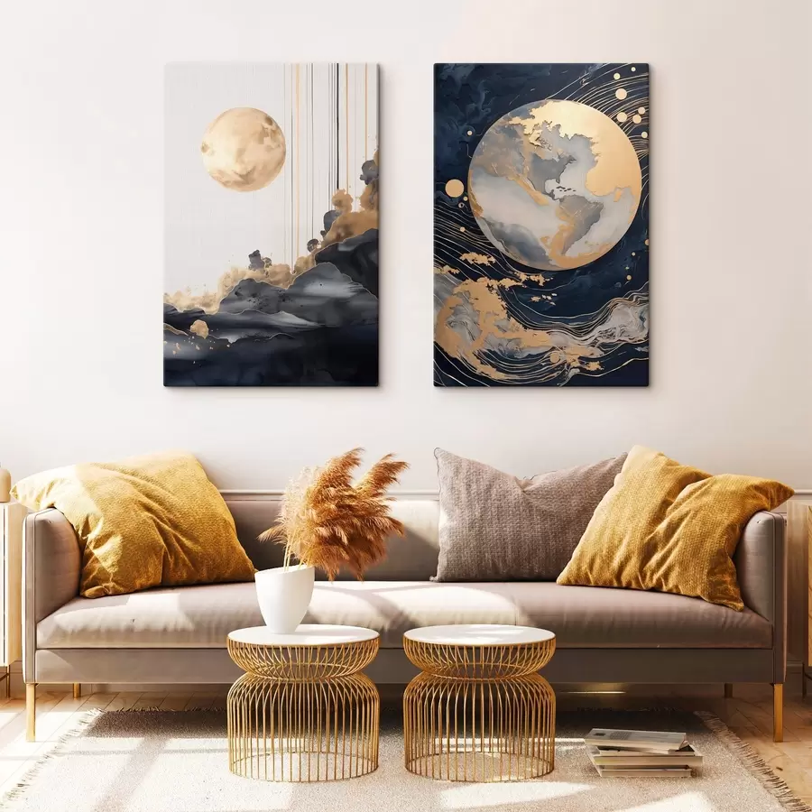 Fototapete Strukturierter dekorativer Planet im Weltraum mit gelben Linien und Punkten, abstrakter Stil, minimalistisch und modern m01014