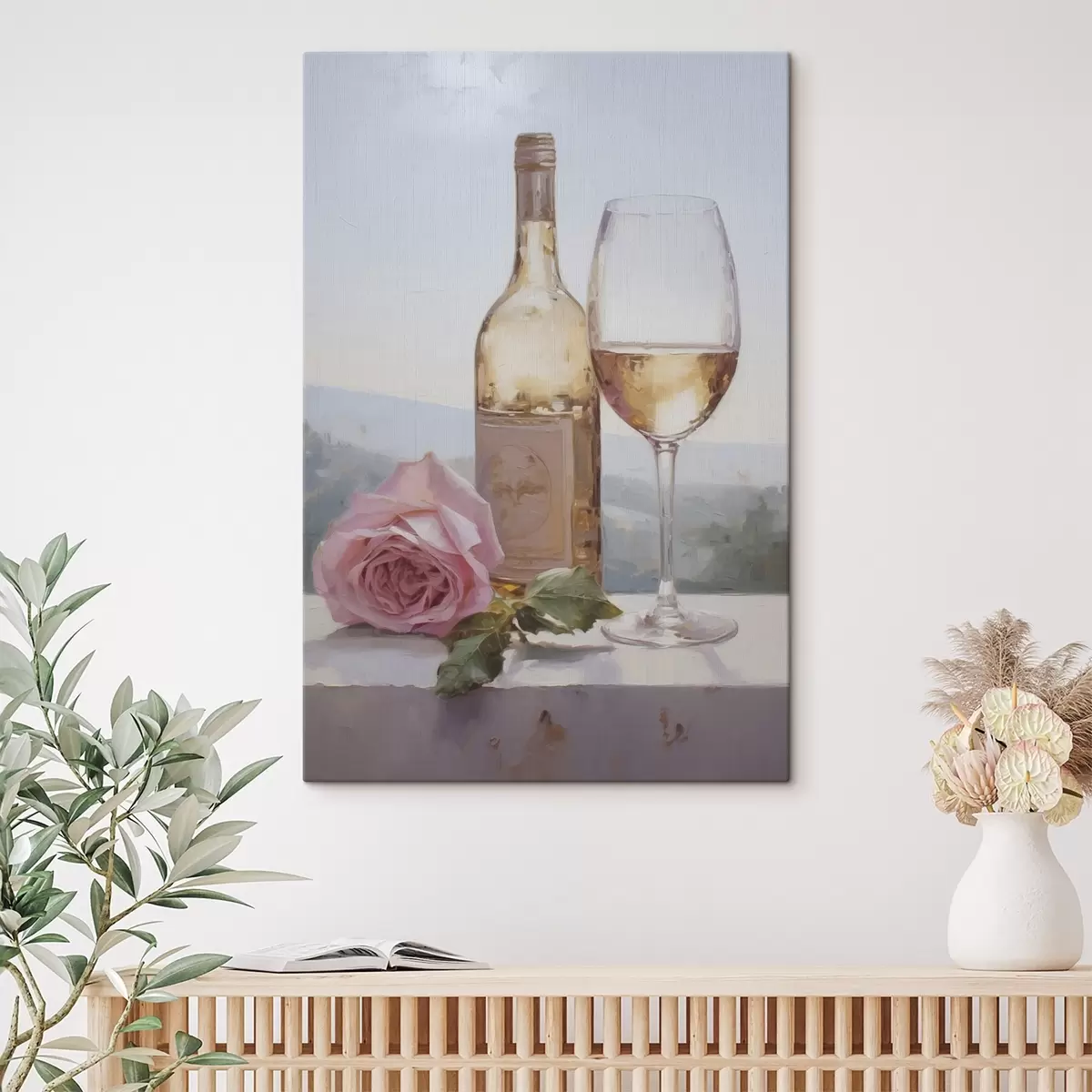 Fototapete Eine Flasche und ein Glas Wein und ein kleiner Hund mit Brille, Gemäldeimitation s46721