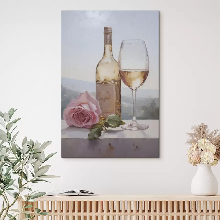 Fototapete Eine Flasche und ein Glas Wein und ein kleiner Hund mit Brille, Gemäldeimitation s46721