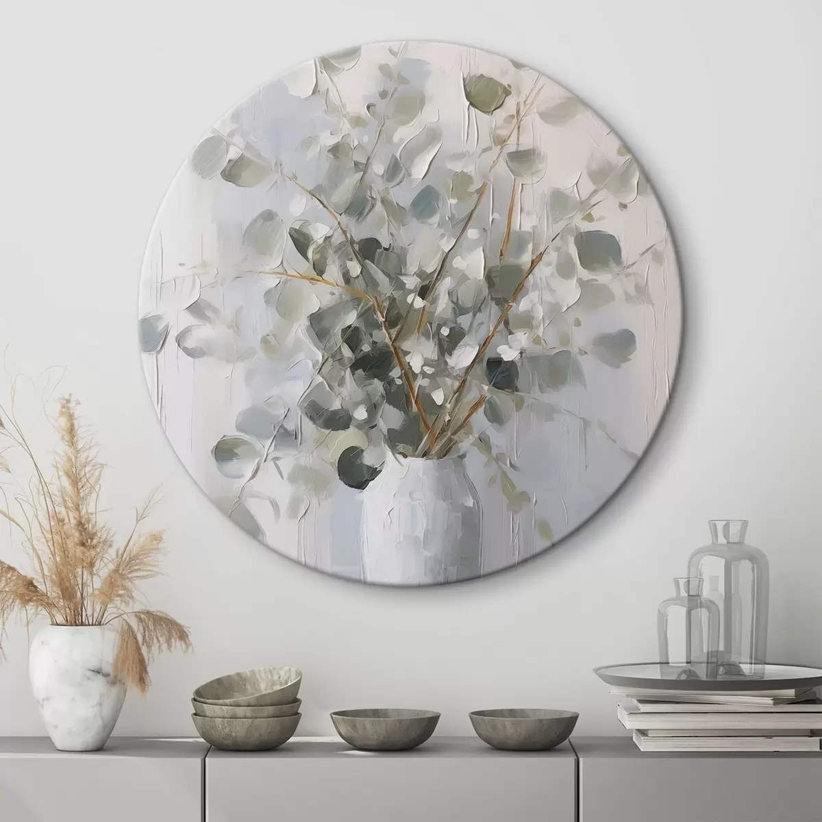 Runde Wandbilder Zweige mit Laub in einer Vase, Imitationsgemälde r46720