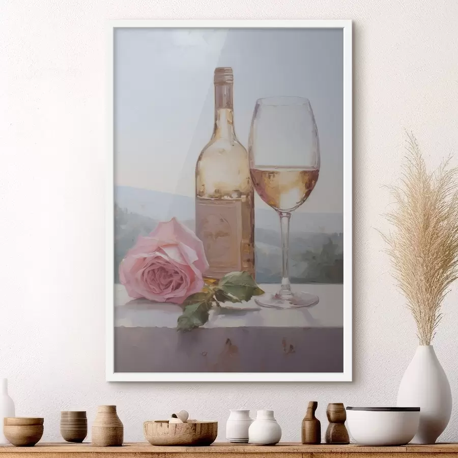 Fototapete Eine Flasche und ein Glas Wein und ein kleiner Hund mit Brille, Gemäldeimitation f46721