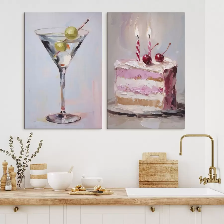 Fototapete Ein Glas mit einem Getränk und einem Stück Kuchen – Imitationsgemälde m01019