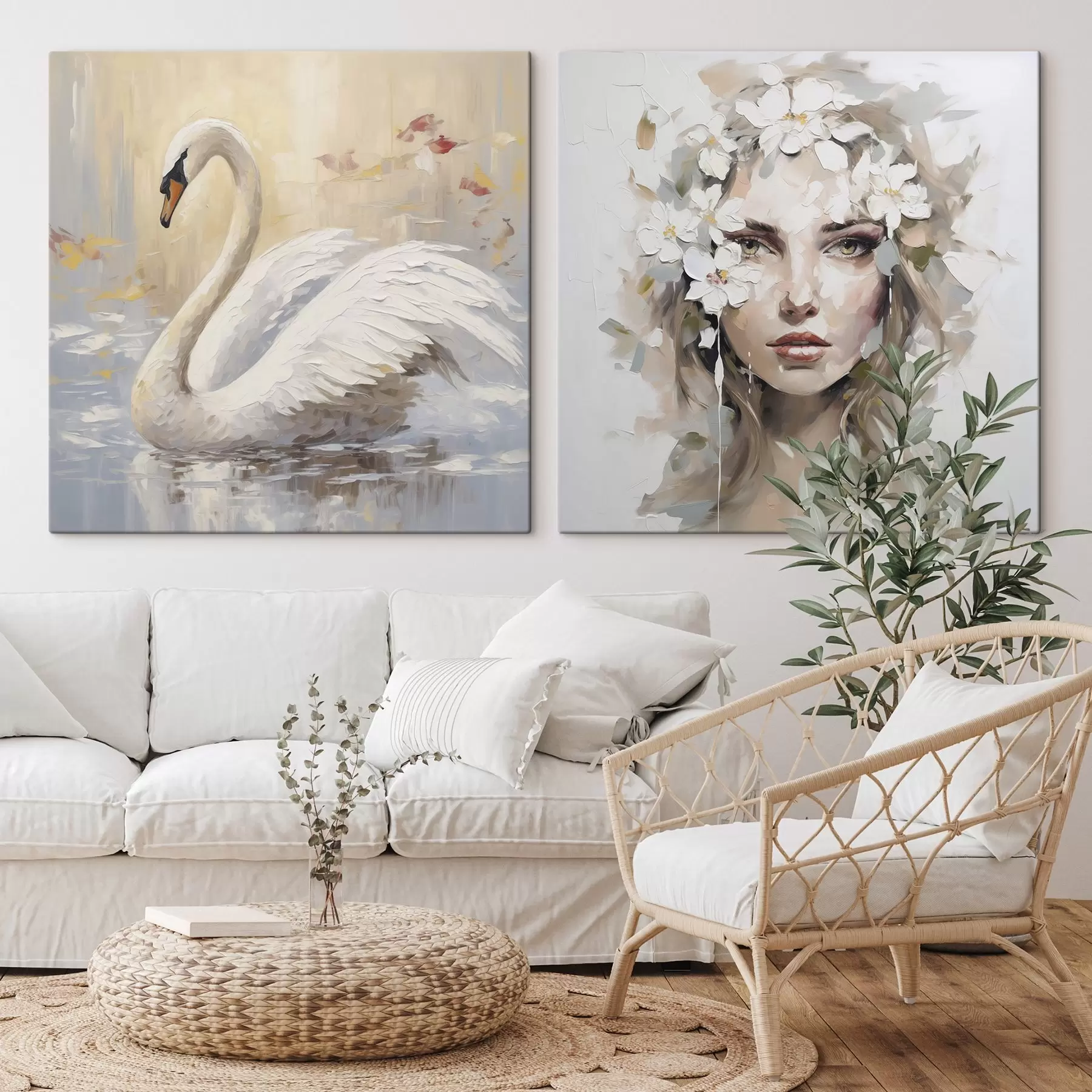 Fototapete Schwan und Porträt eines Mädchens, Gemäldeimitation m01030