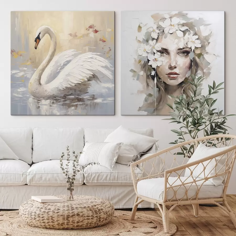 Fototapete Schwan und Porträt eines Mädchens, Gemäldeimitation m01030