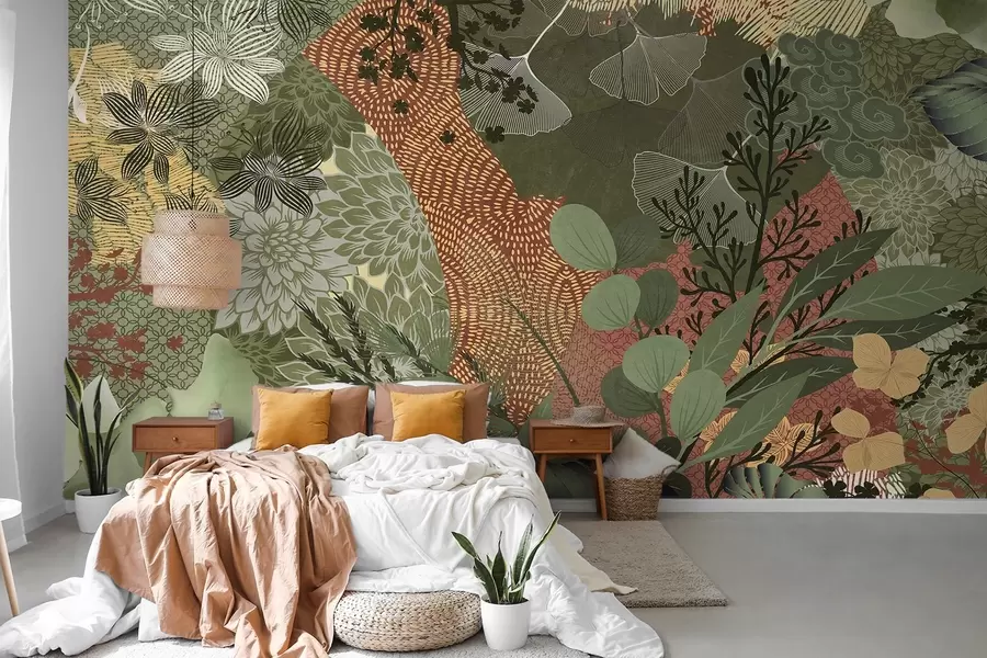 Fototapete Abstrakte Collage mit botanischen Elementen wie Blättern, Blumen und organischen Texturen in Grün- und Brauntönen w09545