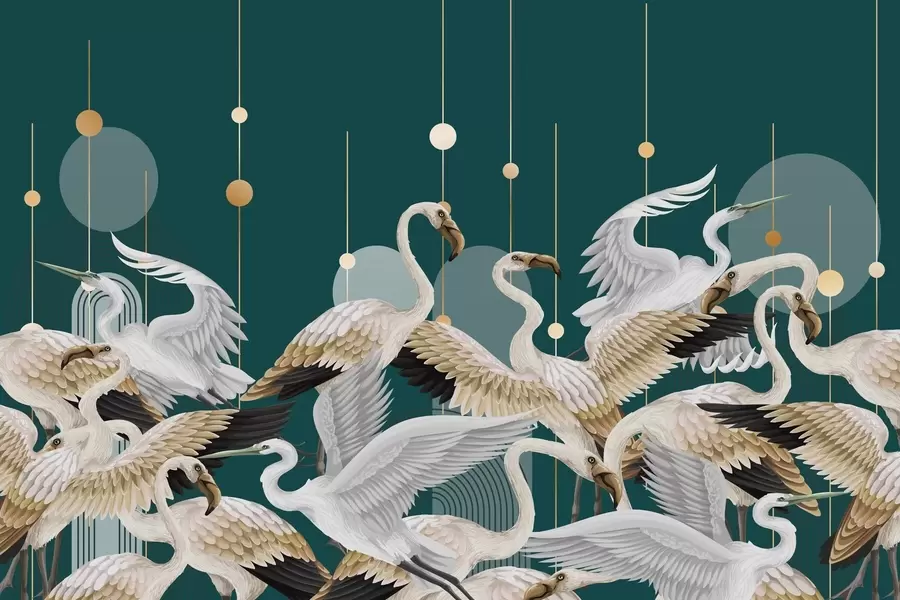 Fototapete Eine Schar weißer Flamingos mit zarten Flügeln vor einem dunkelblaugrünen Hintergrund mit gelben Linien und Kreisen w09546