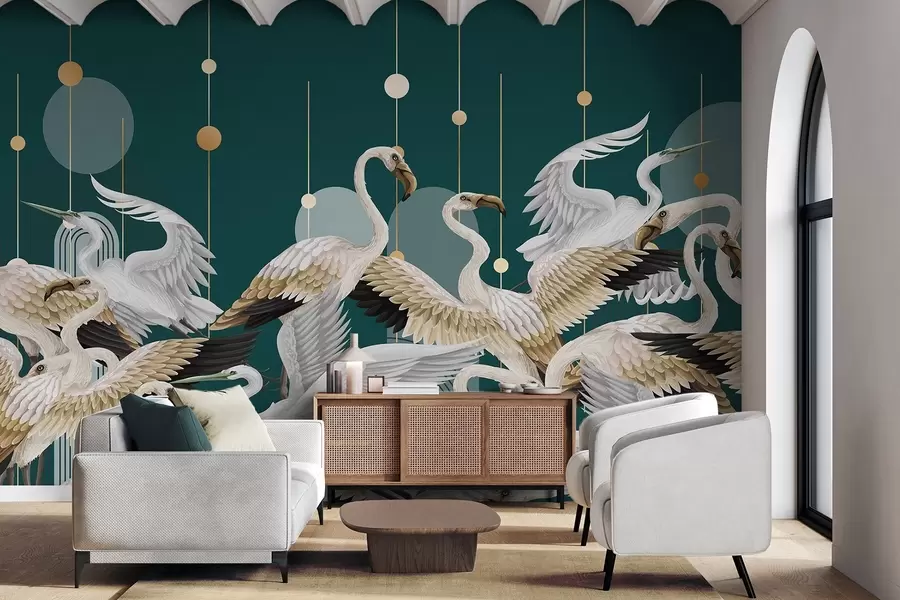 Fototapete Eine Schar weißer Flamingos mit zarten Flügeln vor einem dunkelblaugrünen Hintergrund mit gelben Linien und Kreisen w09546