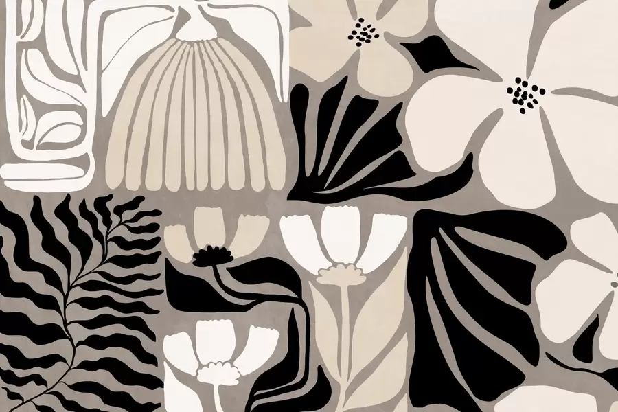 Fototapete Moderne, minimalistisch stilisierte Blumen und Blätter in Beige, Schwarz und Weiß, strukturiert auf grauem Hintergrund w09547
