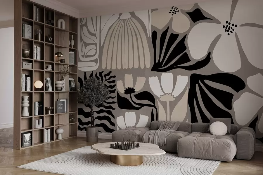 Fototapete Moderne, minimalistisch stilisierte Blumen und Blätter in Beige, Schwarz und Weiß, strukturiert auf grauem Hintergrund w09547