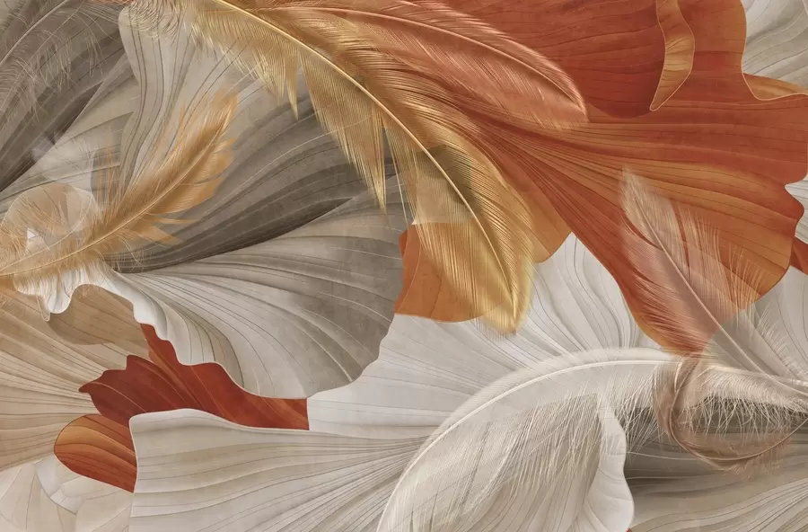 Fototapete Abstrakte, strukturierte, große, fließende Formen in Creme- und Rostfarben mit zarten, gelben, beigen und braunen Federn w09549