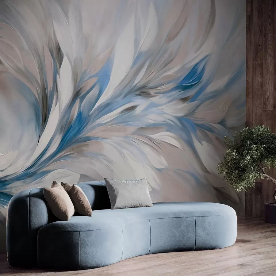 Fototapete Abstrakter Malstil mit weißen, blauen und grauen strukturierten Pinselstrichen vor einem weichen, hellen Hintergrund w09552v1