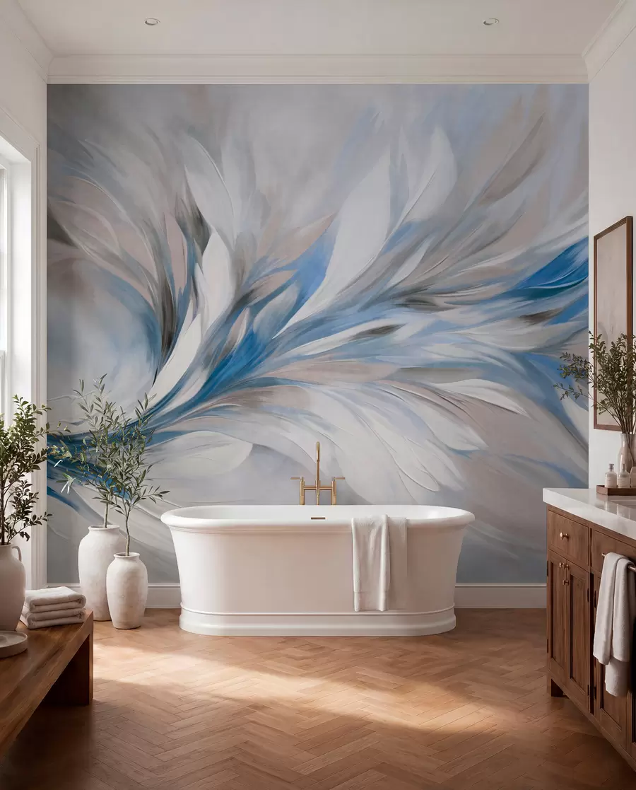 Fototapete Abstrakter Malstil mit weißen, blauen und grauen strukturierten Pinselstrichen vor einem weichen, hellen Hintergrund w09552v1