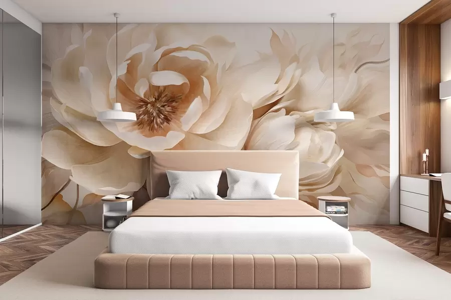 Fototapete Cremige Pfingstrosen mit braunen Blütenkernen und Blättern vor einem verschwommenen, hellen, abstrakten Hintergrund w09554