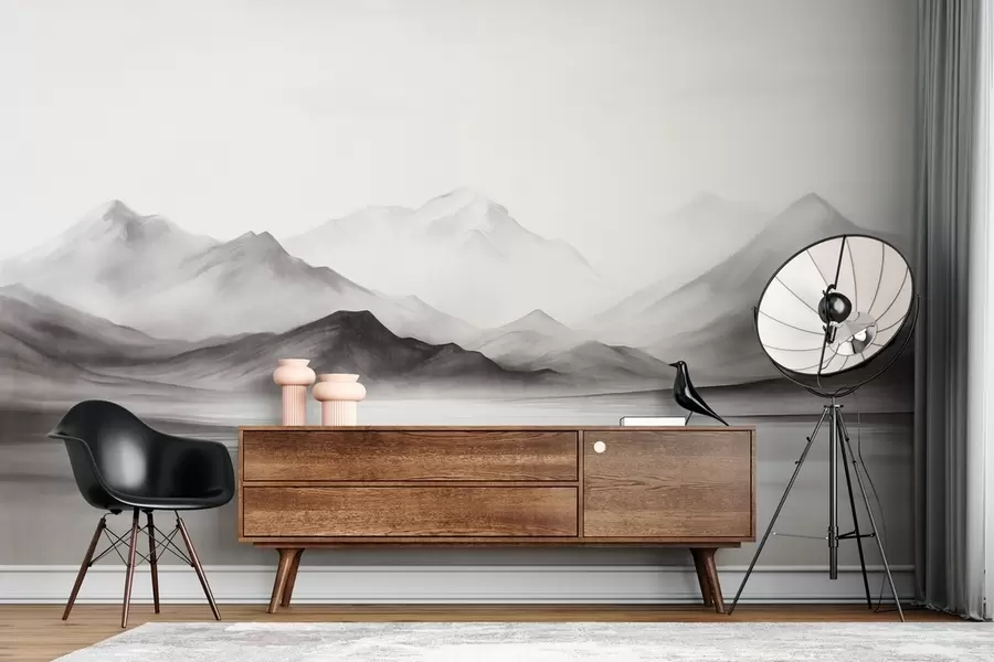 Fototapete Eine monochrome, strukturierte Landschaft mit nebligen Bergen und einem See im Vordergrund w09555