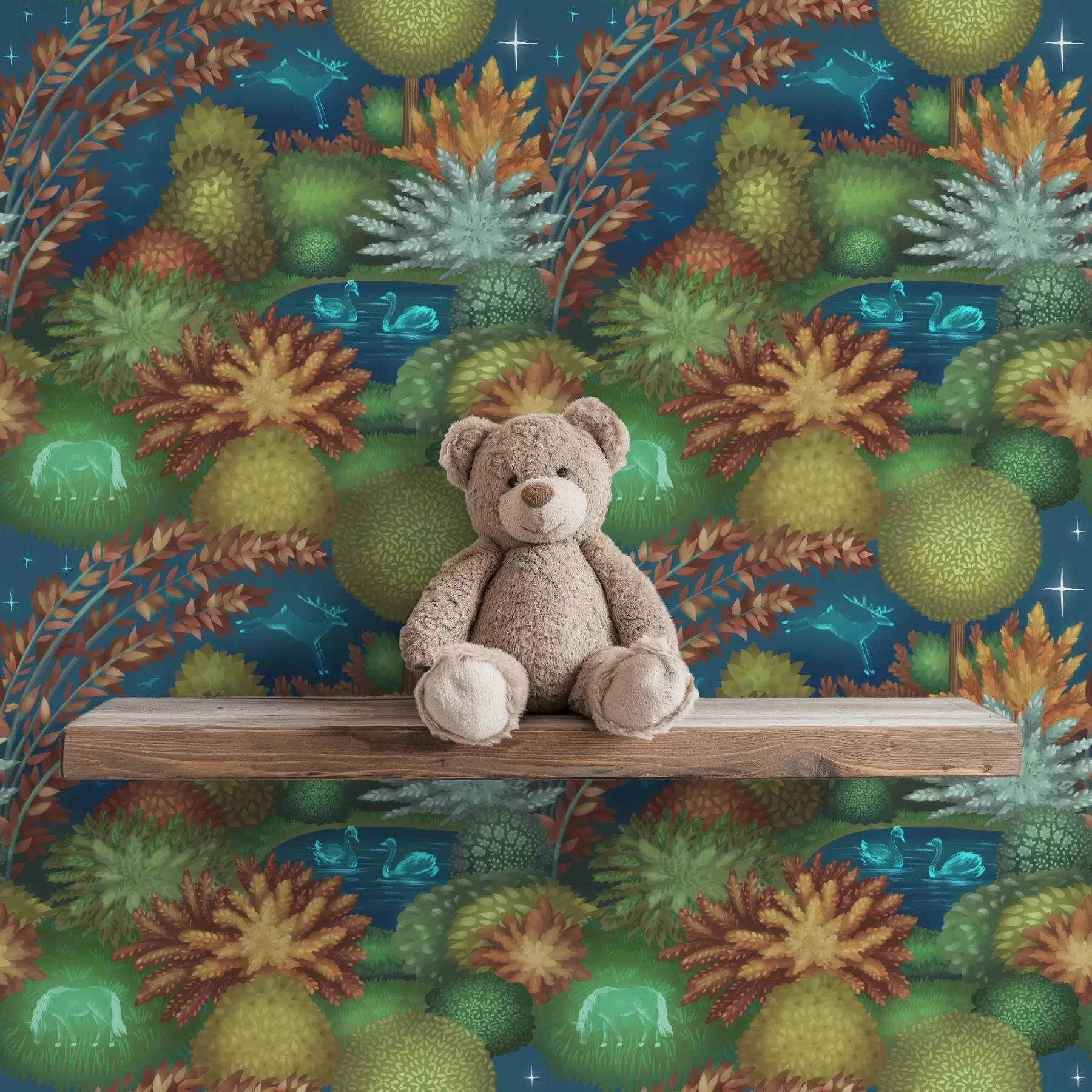 Fototapete Märchenhafter Nachtgarten mit einem See und leuchtenden Tieren a00851