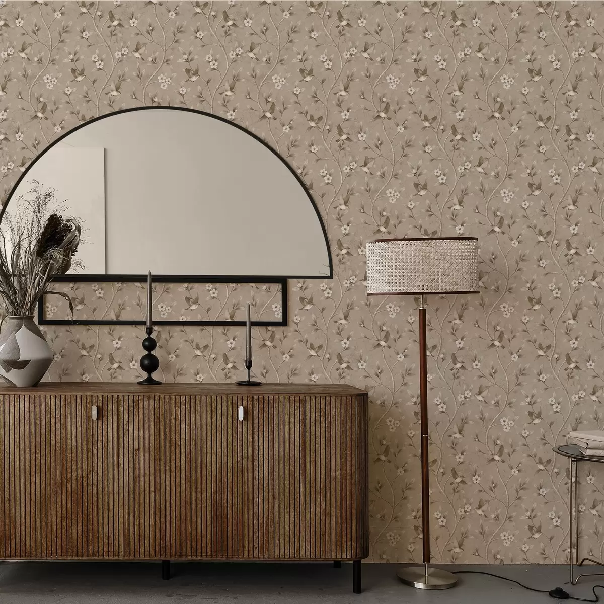 Tapete Vögel und blühende Zweige in warmen Sepia-Tönen a00882