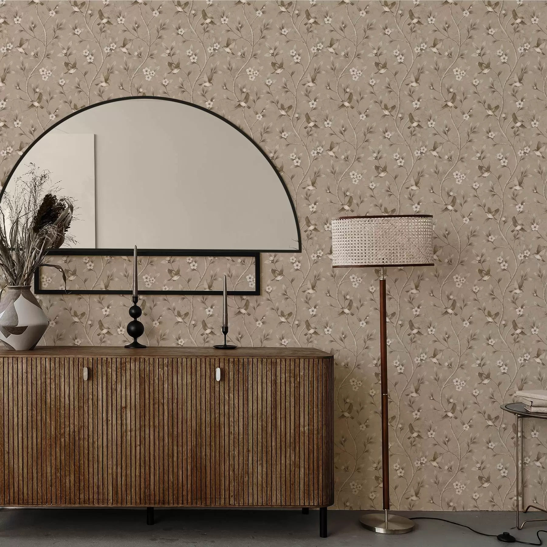 Fototapete Vögel und blühende Zweige in warmen Sepia-Tönen a00882