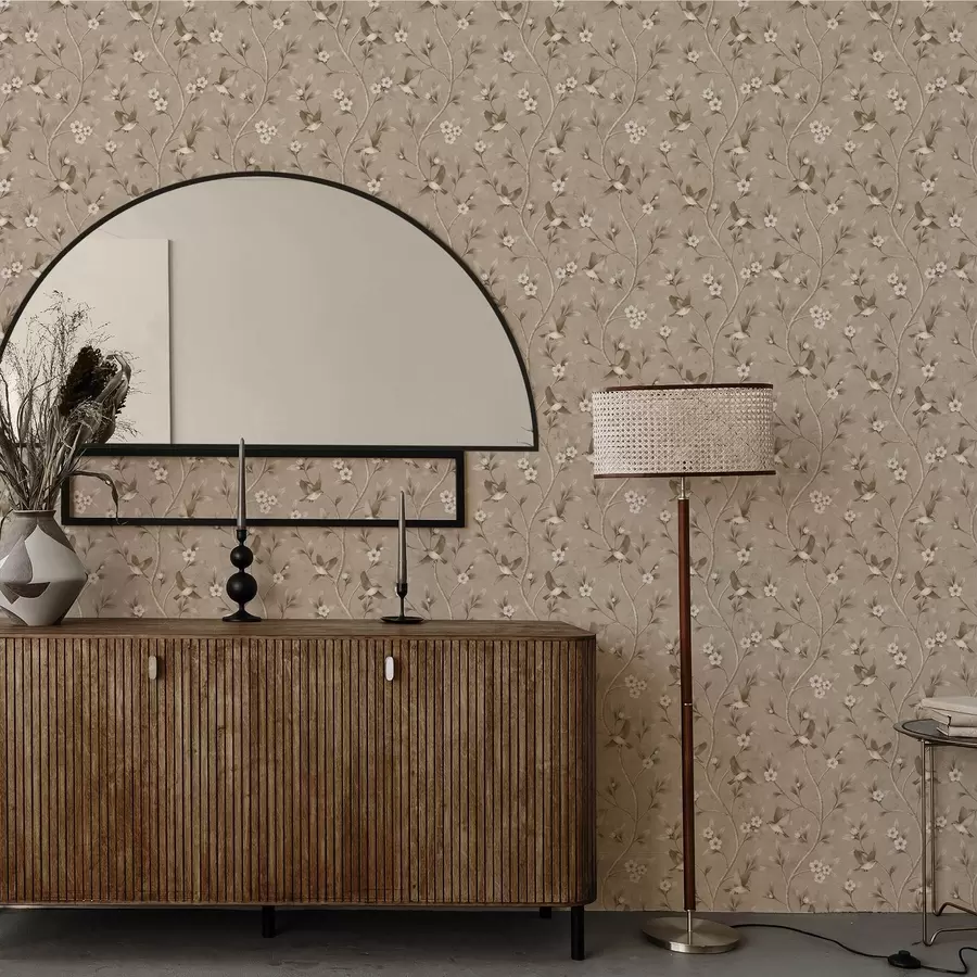 Fototapete Vögel und blühende Zweige in warmen Sepia-Tönen a00882