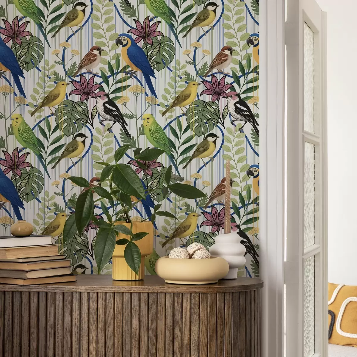 Tapete Leuchtende exotische Vögel inmitten tropischer Vegetation a00887