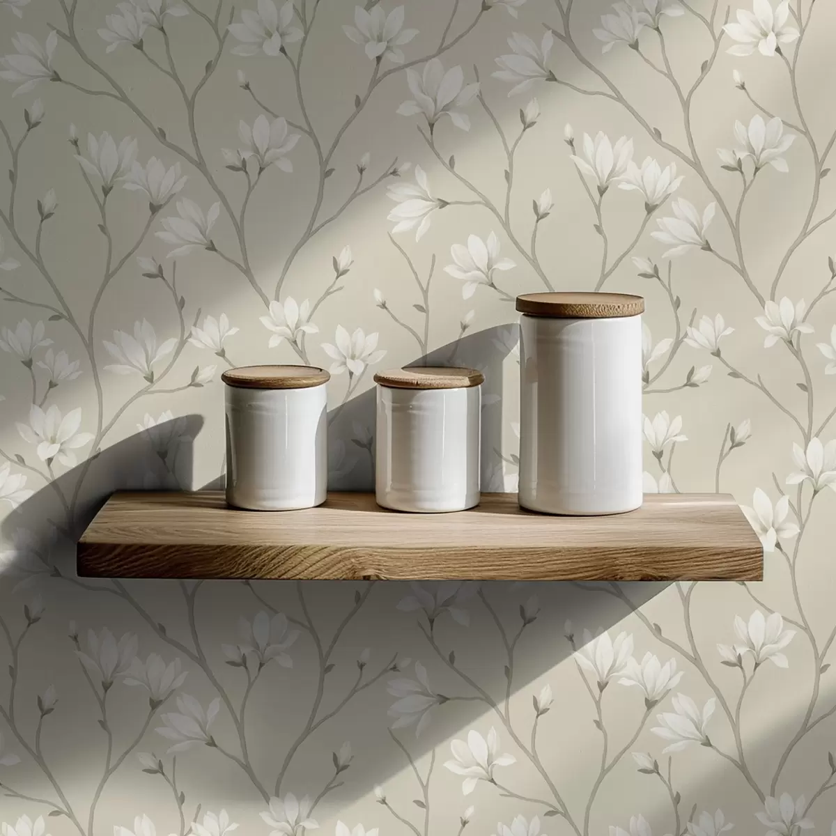 Tapete Helle Magnolien an schlanken beigen Zweigen a00890