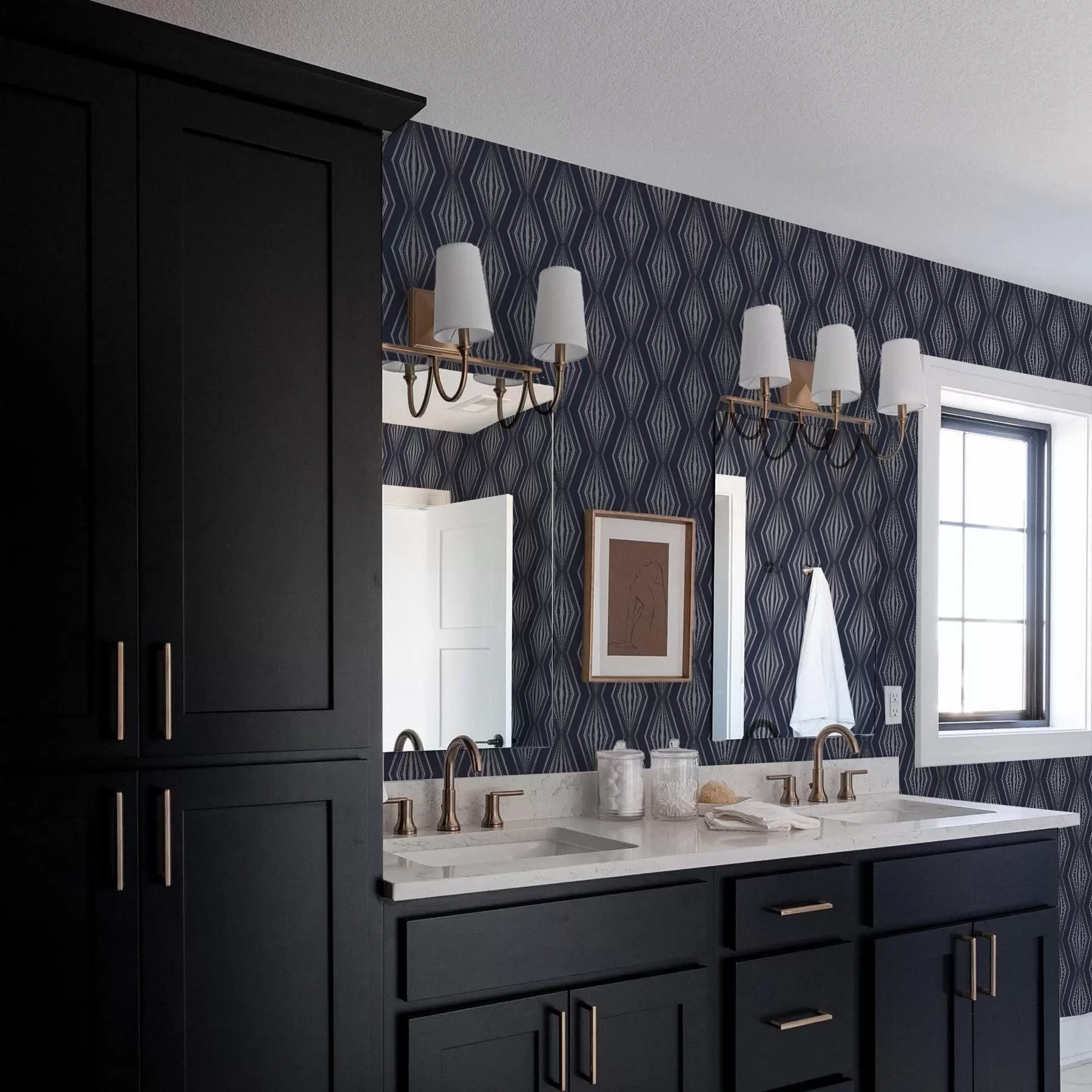 Fototapete Geometrische, strahlenförmige Diamanten auf dunkelblauem Hintergrund a00925