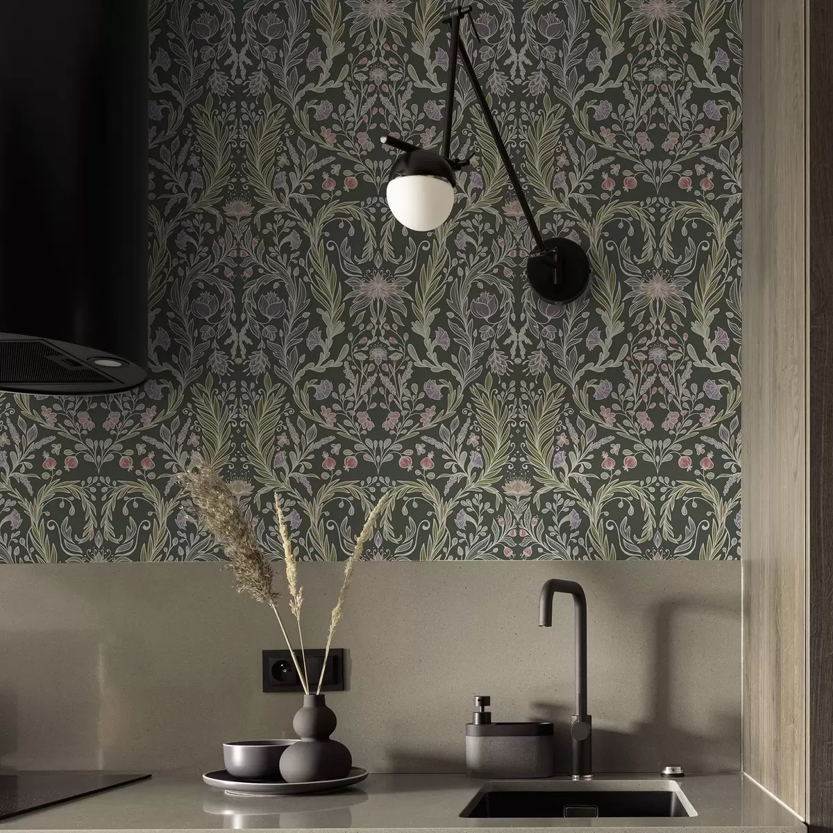 Tapete Symmetrisches Blumenornament auf dunkelgrünem Hintergrund a00928