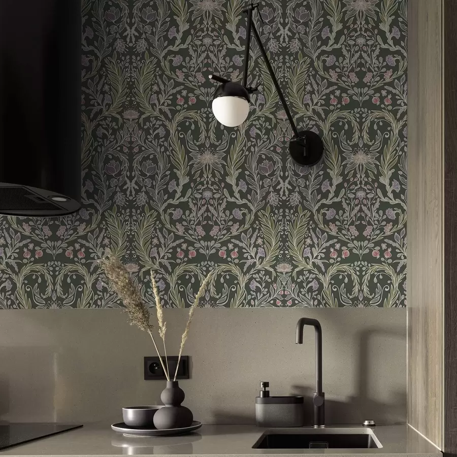 Fototapete Symmetrisches Blumenornament auf dunkelgrünem Hintergrund a00928