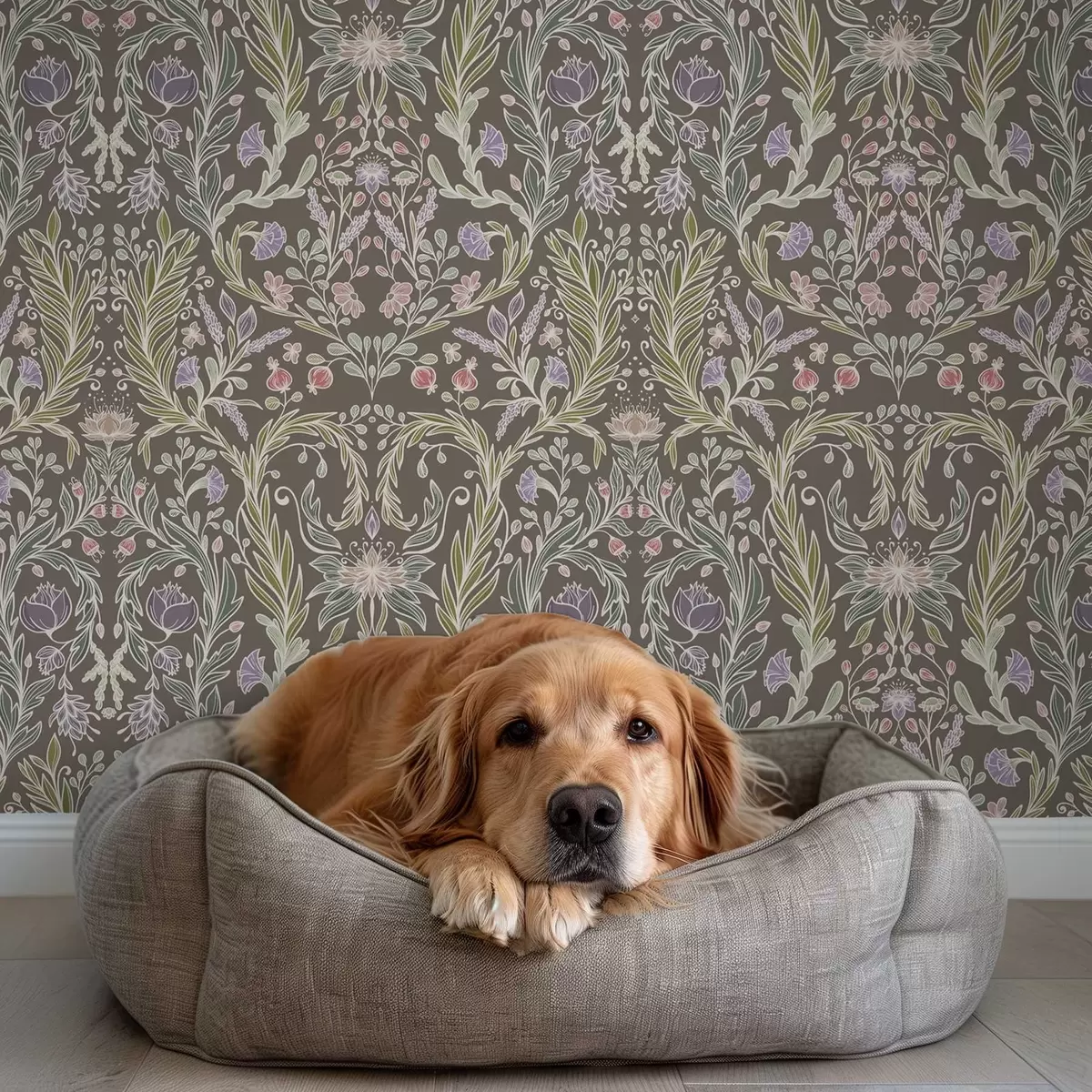 Tapete Symmetrische Blumen und Blätter auf bräunlich-grauem Hintergrund a00928v2