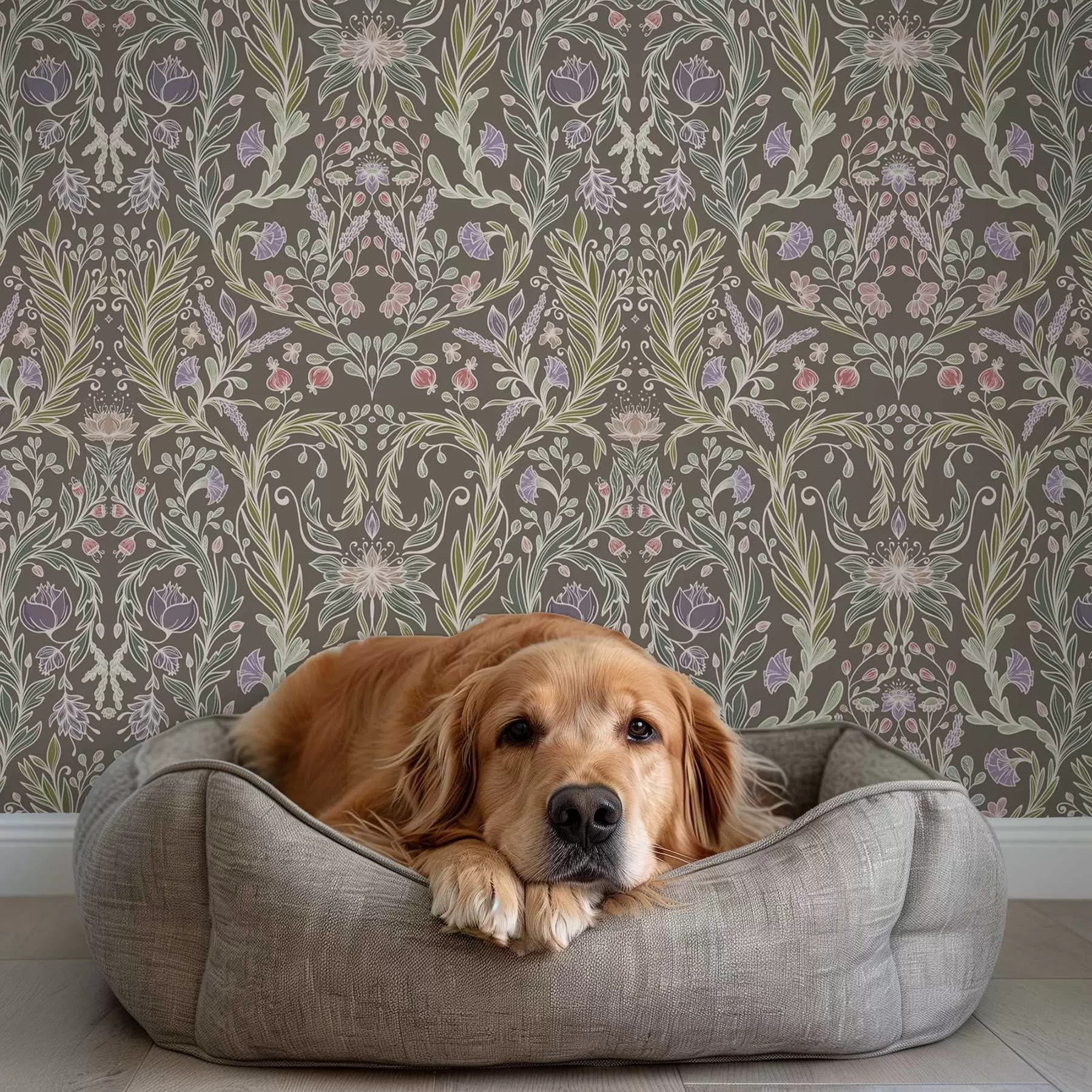 Fototapete Symmetrische Blumen und Blätter auf bräunlich-grauem Hintergrund a00928v2