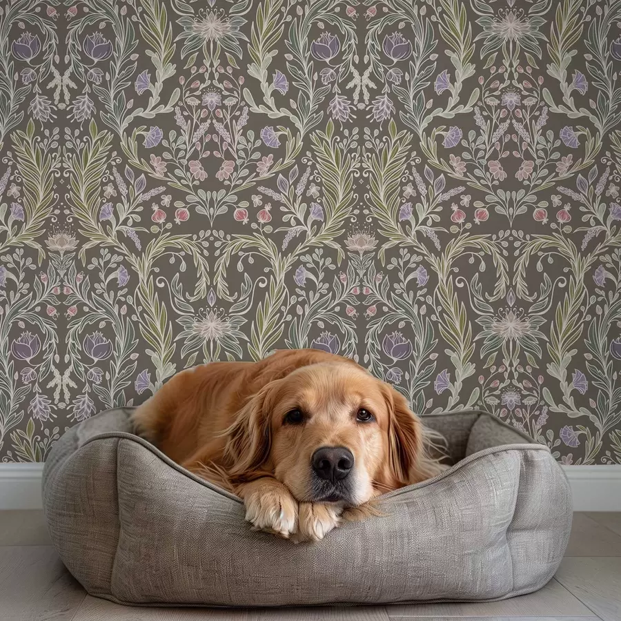 Fototapete Symmetrische Blumen und Blätter auf bräunlich-grauem Hintergrund a00928v2