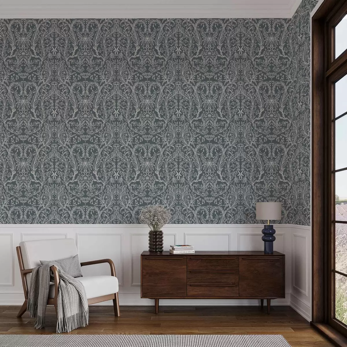 Tapete Lineares Blumenornament auf blaugrauem Hintergrund a00929v1