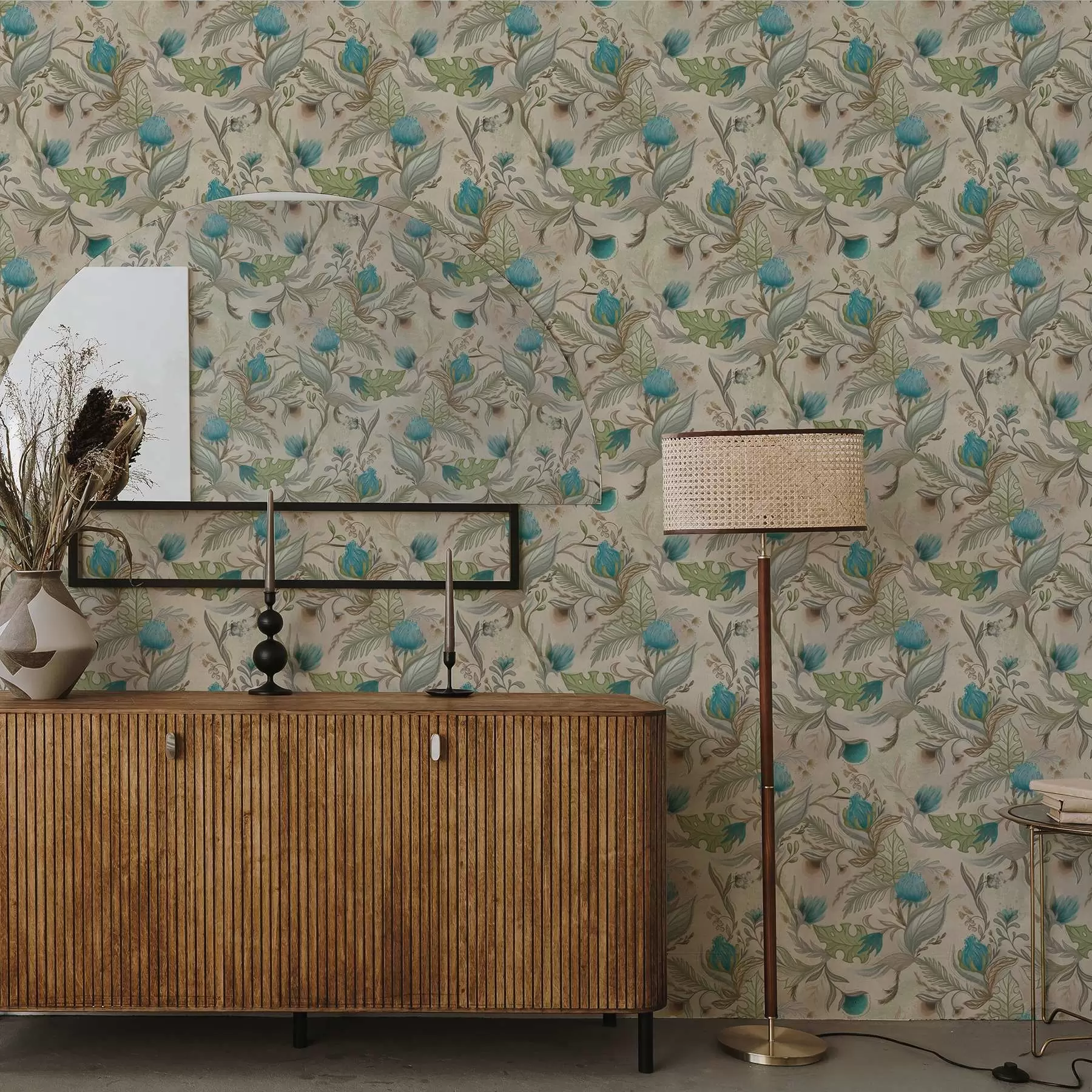 Fototapete Blaue Knospen und Blätter auf hellbeigem Hintergrund a00930