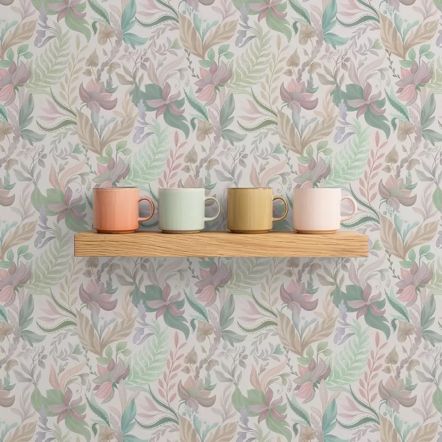 Fototapete Zarte pastellfarbene Blumen und Blätter auf hellem Hintergrund a00931