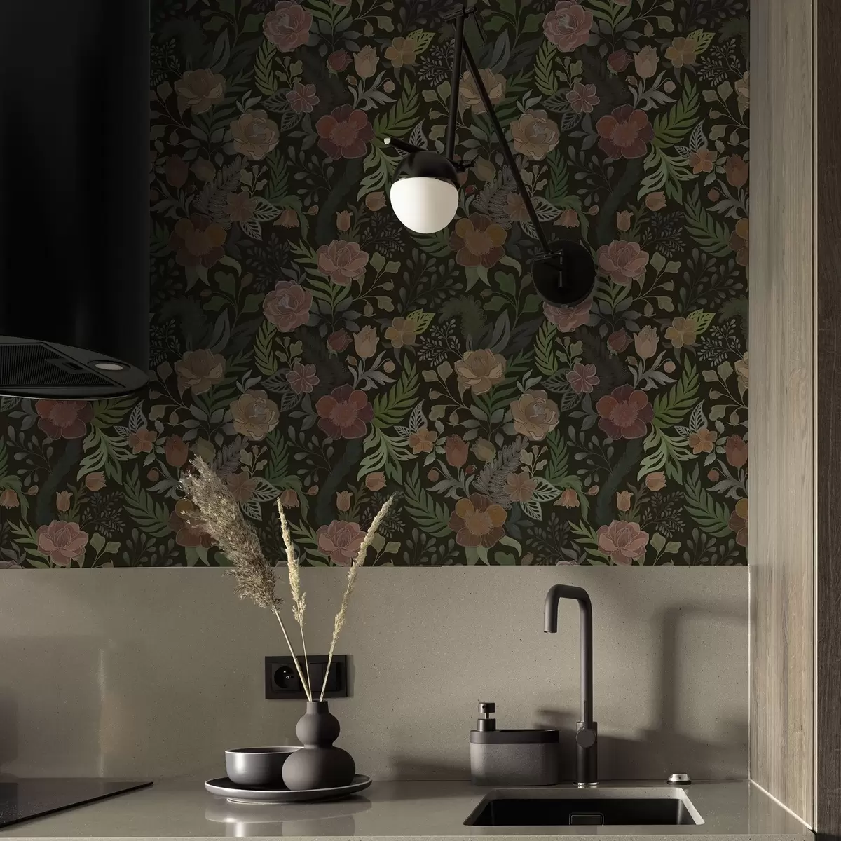 Tapete Üppige Blumen und Grünpflanzen vor einem tiefdunklen Hintergrund a00932