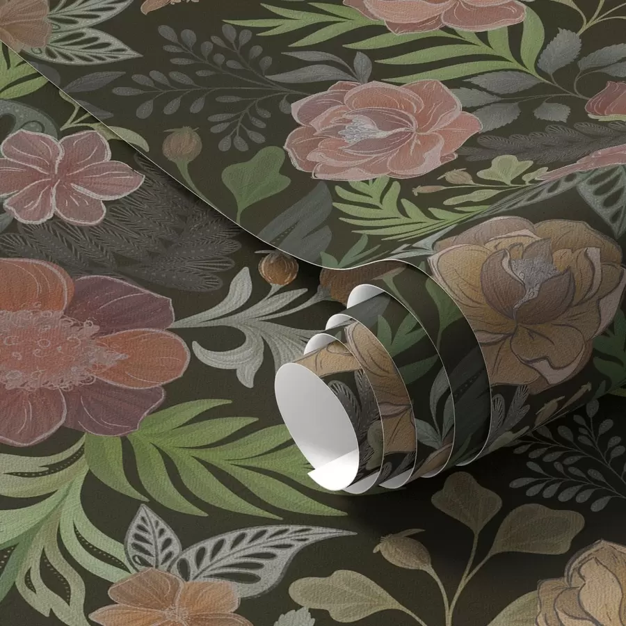 Fototapete Üppige Blumen und Grünpflanzen vor einem tiefdunklen Hintergrund a00932