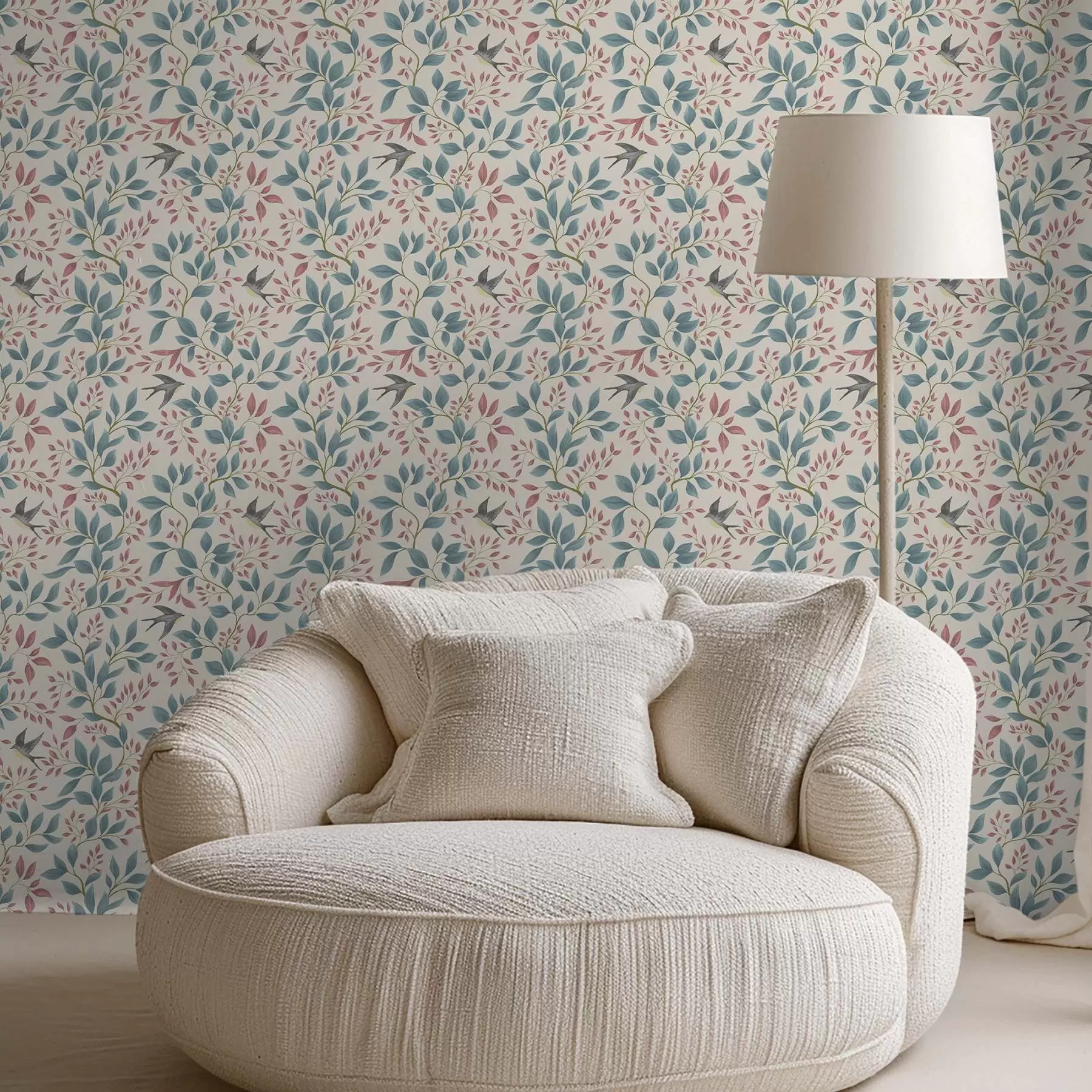 Fototapete Blaue und rosa Zweige mit Vögeln auf cremefarbenem Hintergrund a00933