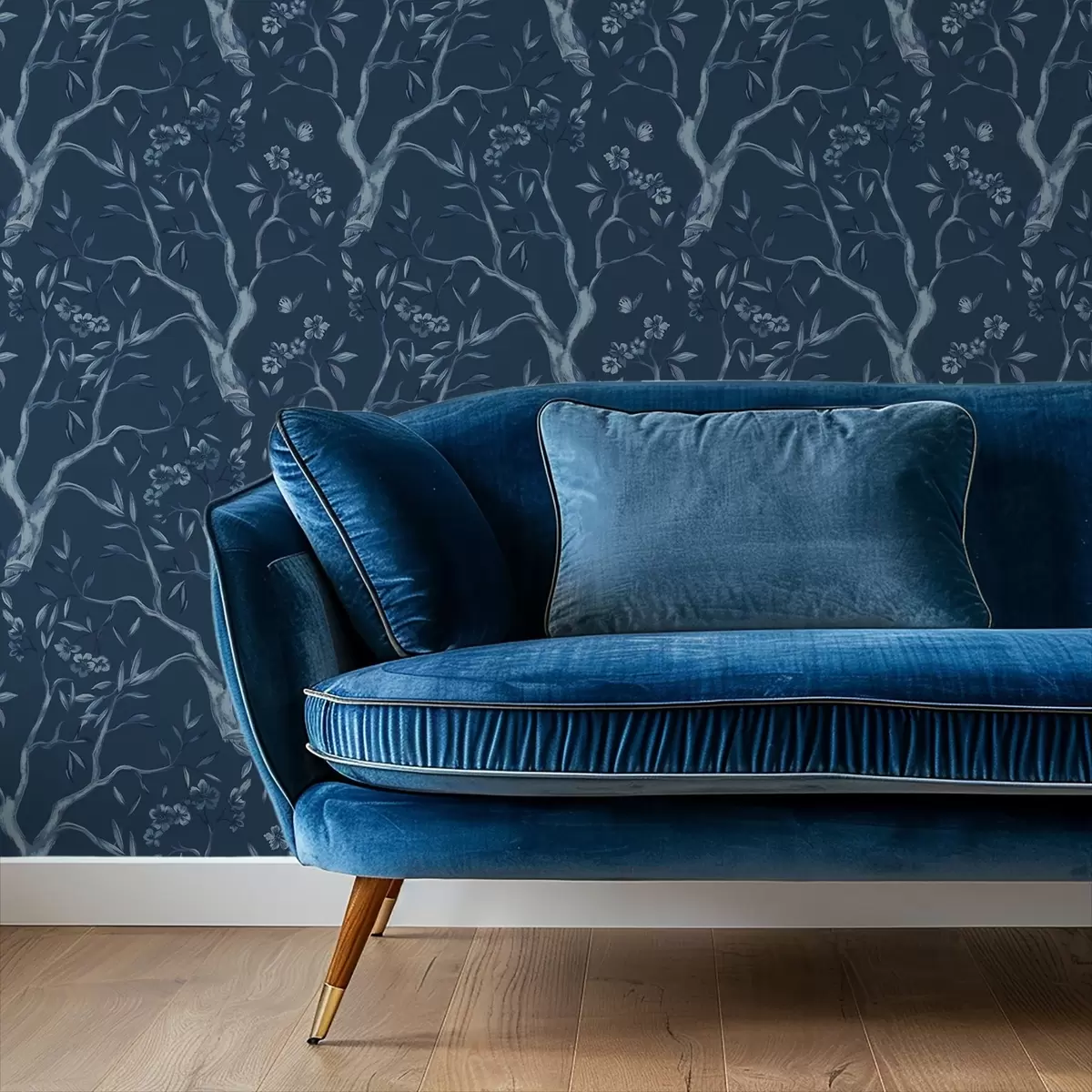 Tapete Blaue blühende Zweige mit Schmetterlingen auf dunklem Hintergrund a00951v1