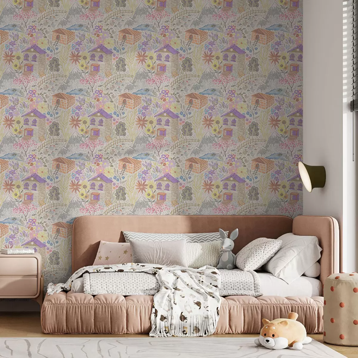 Tapete Kindliche Dorfzeichnung mit einem Haus, Bergen und Blumen a00952