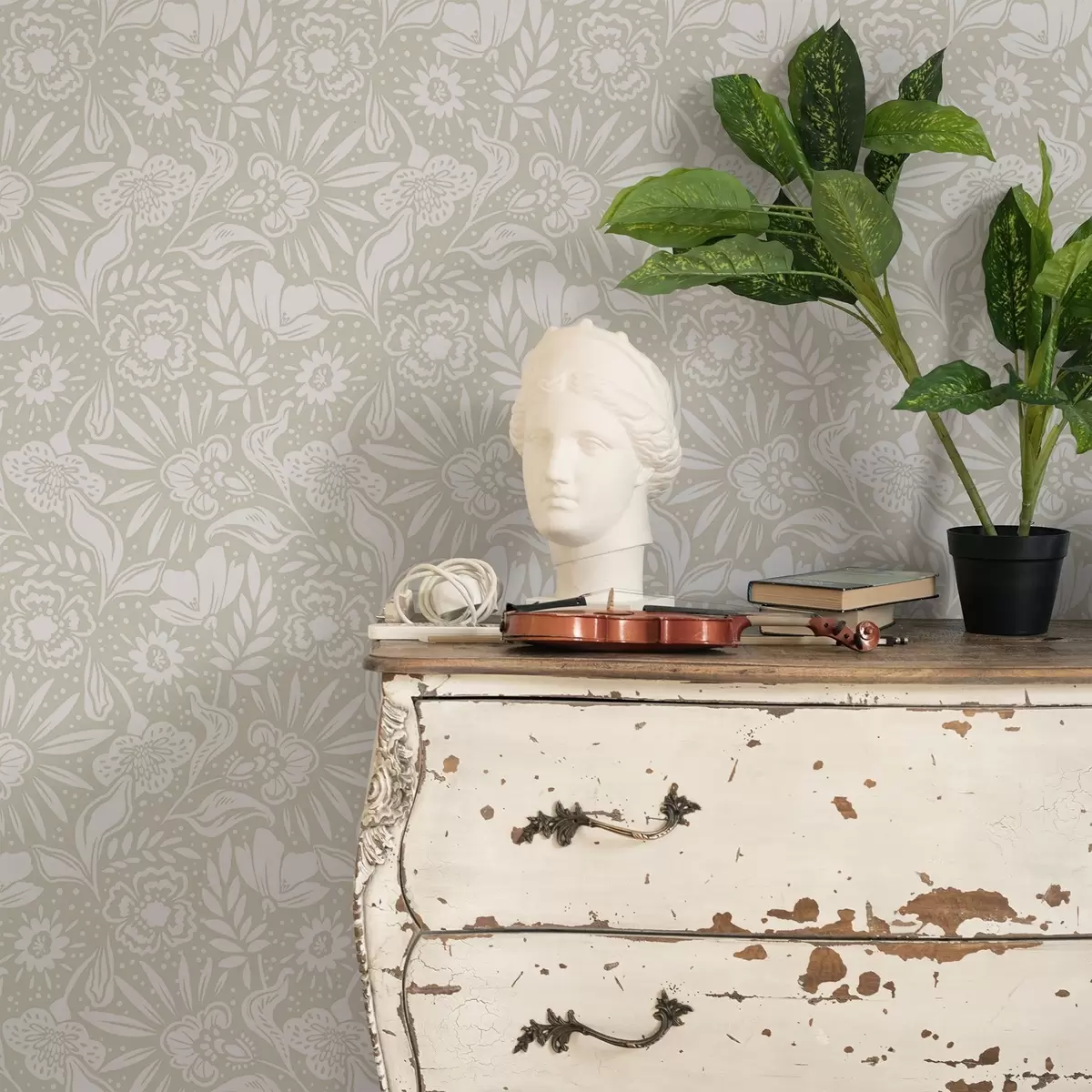 Tapete Weißes lineares Blumenornament auf beigem Hintergrund a00956