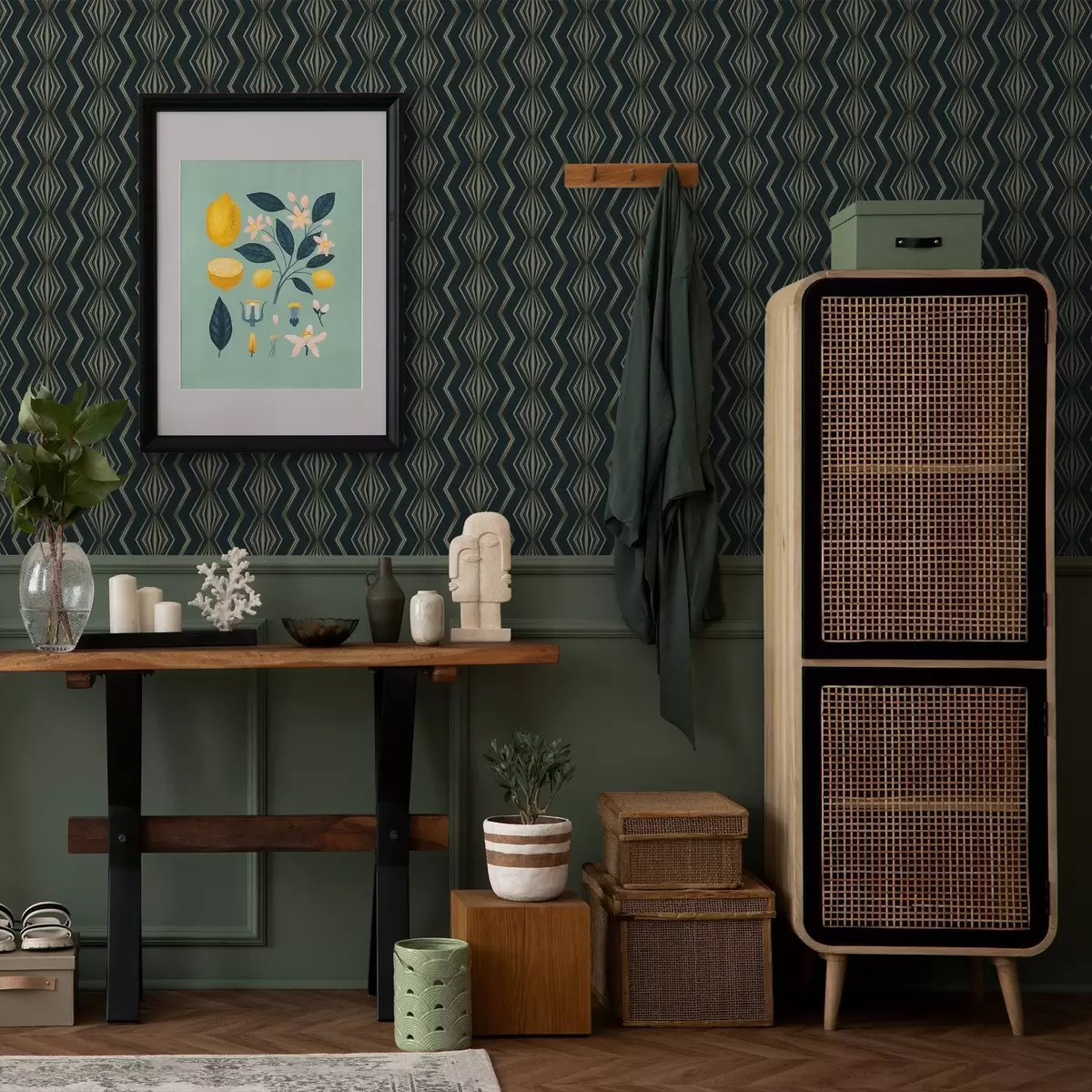 Tapete Dunkles Blaugrün mit geometrischem Rautenmuster a00973v1