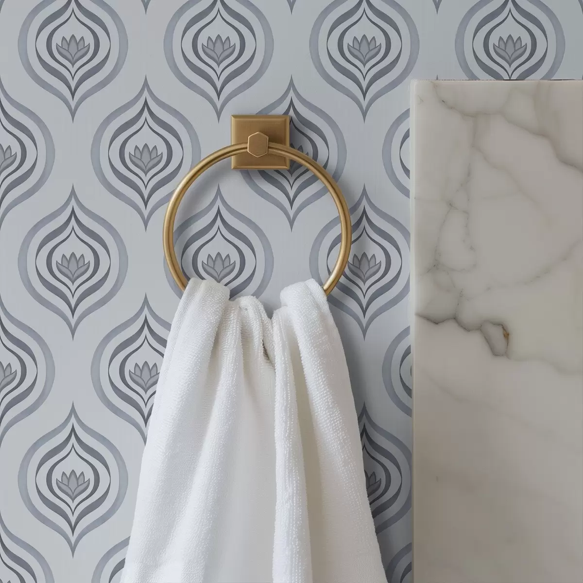 Tapete Cooles Tropfenmotiv mit einer Blume in Graublau-Tönen a00977v3