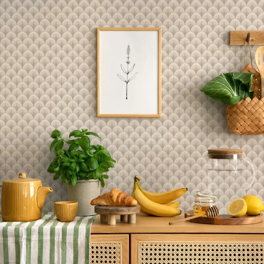 Fototapete Beigefarbene Fächerbögen mit feinen Strahlen auf hellem Hintergrund a00978