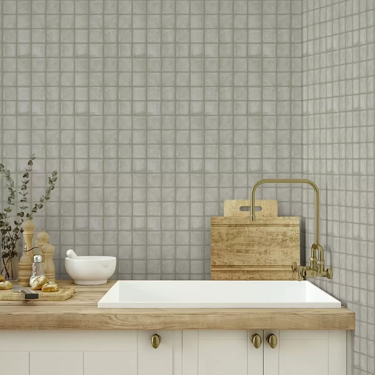 Tapete Imitation von quadratischen Fliesen in einer sanften grau-grünen Farbpalette a00988