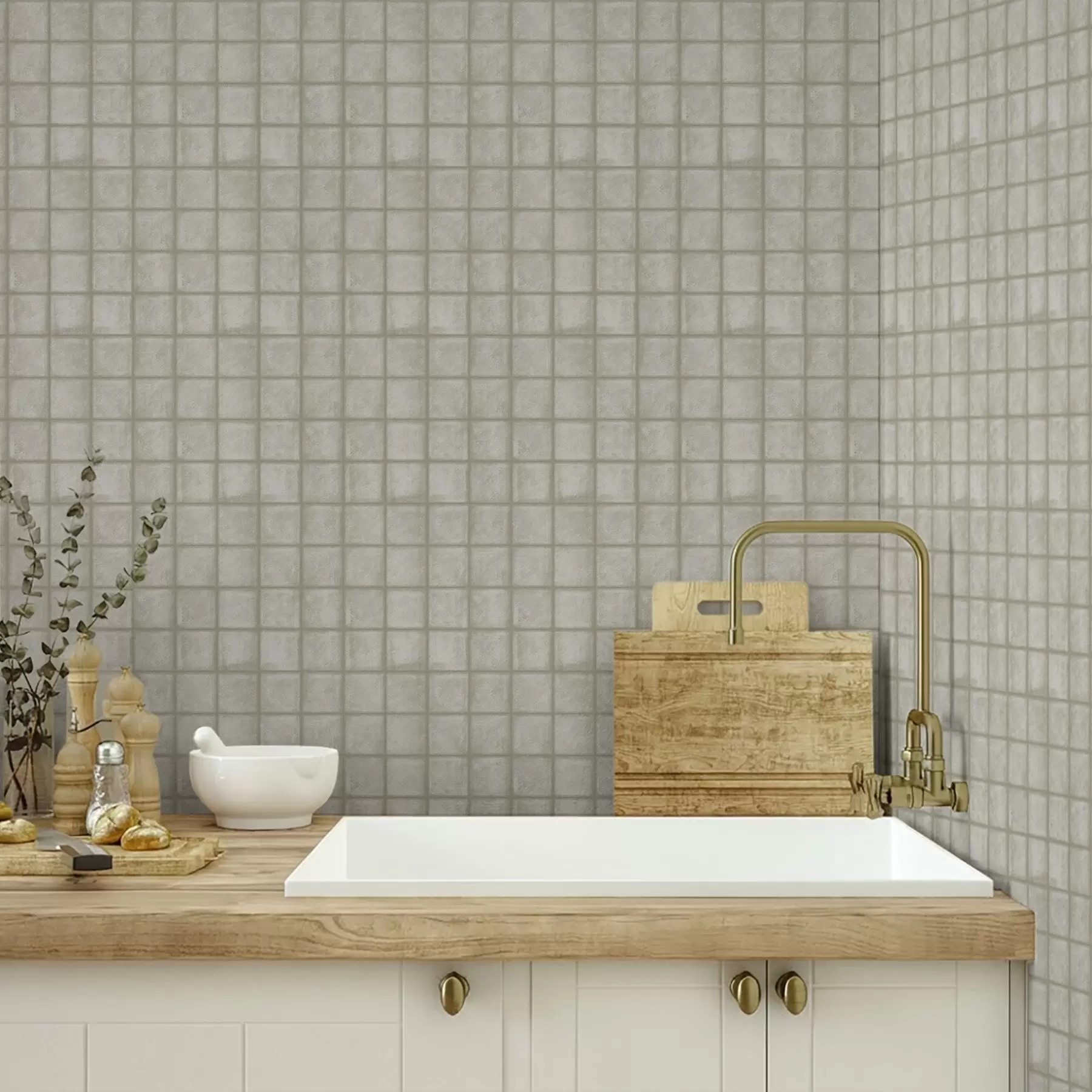 Fototapete Imitation von quadratischen Fliesen in einer sanften grau-grünen Farbpalette a00988