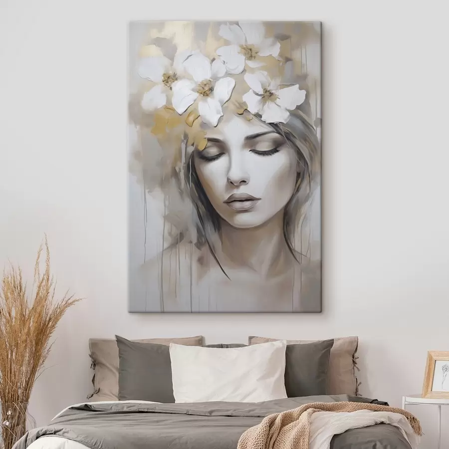 Fototapete Abstraktes Porträt eines Mädchens mit Blumen, Nachahmung eines Gemäldes s46756