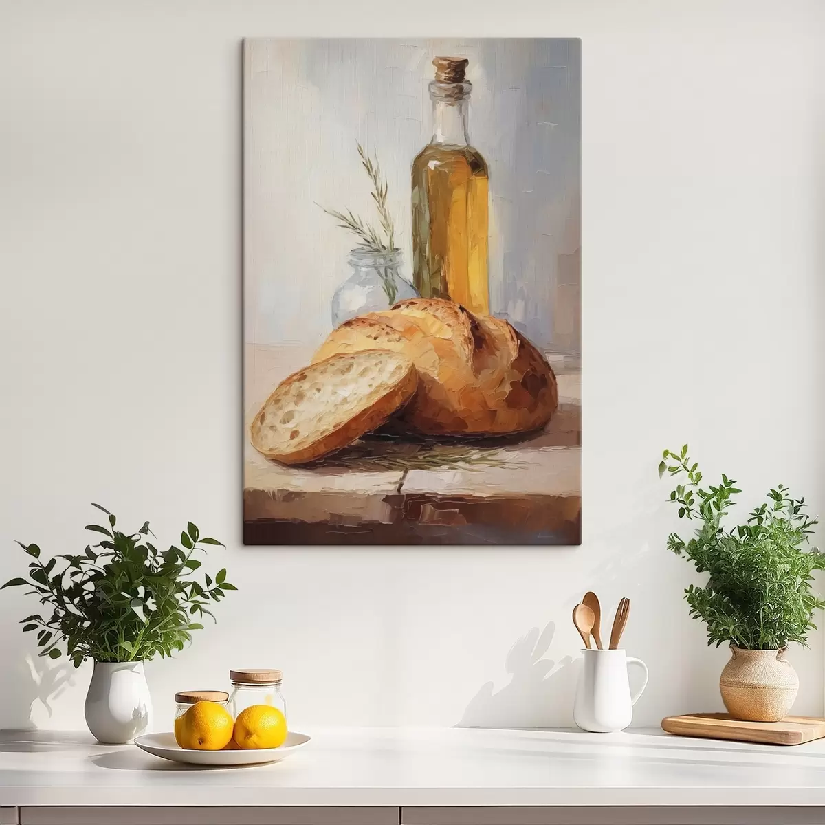 Fototapete Brot und eine Flasche Öl, Gemäldeimitation s46759